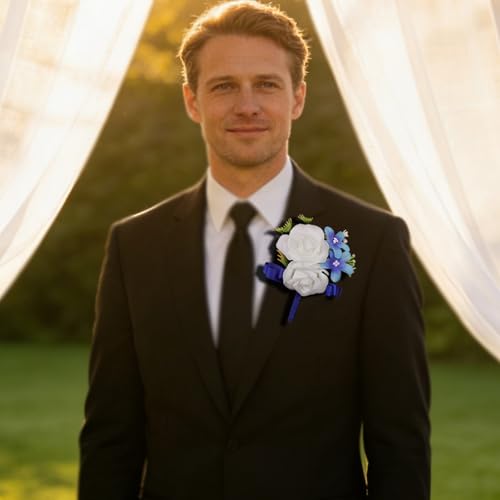 6Pcs White and Blue Faux Silk Boutonnieres for Men Wedding Prom | Artificial Silk Flowers with Blue Ribbons for Groom Groomsman Wedding Homecoming Prom Anniversary Formal Party - color: Blue1# Boutonniere(6 Piece)