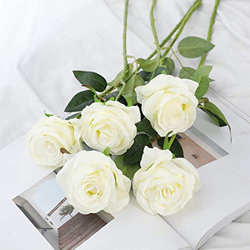 Veryhome Artificial Flowers Silk Roses Fake Bridal Wedding Bouquet for Home Garden Party Floral Decor 10 Pcs (White Curved stem) - color: Blooming Rose - White