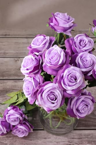 Luyue 10PCS Artificial Roses Flower with Stems Slik Fake Flowers Bouquet Realistic Long Stem Faux Rose for Valentines Day Wedding Home Decor - color: Light Purple