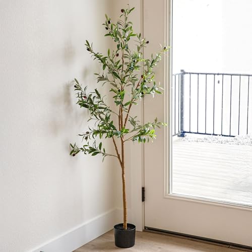 Sunnydaze Fake Olive Tree - 5ft Tall Faux Olive Tree with Pot - Indoor Artificial Plant with Black Weighted Base and Silk Leaves - Set of 2 - size: 5 ft