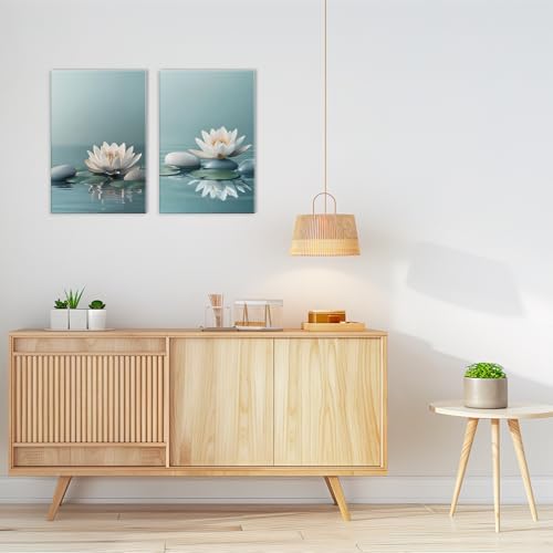 Zen Wall Art 2 Panel White Lotus Pebble In Water Picture Canvas Print Blooming Floral Poster Calming Painting Framed Artwork for Yoga Spa Room Decor(Artwork-1,12"x16"x2pcs) - color: Artwork-1, size: 12"x16"x2pcs