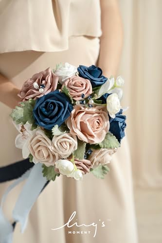 Ling's moment Navy Blue Bridesmaid Bouquets Set of 4, Dusty Rose Artificial Wedding Flower Bouquets Floral Bouquet Bridesmaid Bouquets with Ribbon, Ceremony,Anniversary,7-inch Diameter - color: Pk-dusty Rose & Navy