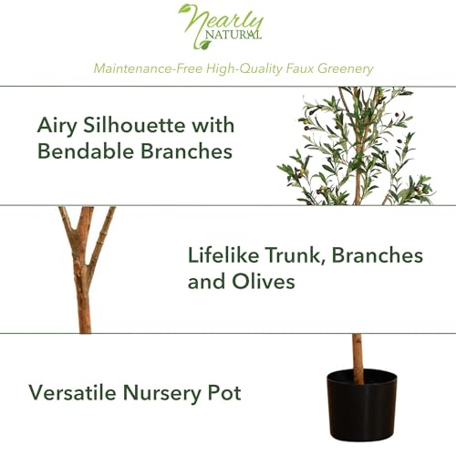 Nearly Natural Olive Tree Artificial Indoor 7FT Tall Silk Faux Olive Tree for Home and Office Decor, Fake Potted Olive Tree with Natural Wood Trunk, Realistic Olive Tree Branches and Lifelike Fruits - size: 7ft