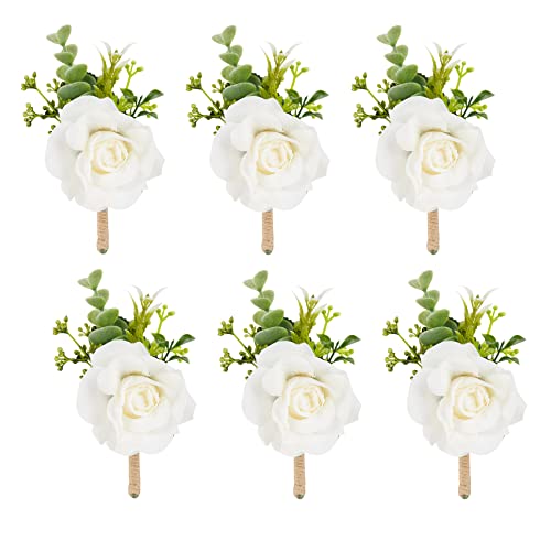Ivory Rose Boutonniere for Men,Set of 6,Groom and Best Man Boutonnieres with Artificial Flower,for Wedding Ceremony Anniversary, Formal Dinner Party, Fall Vintage Rustic Marriage Prom - color: White#2 Boutonniere ( Set of 6)