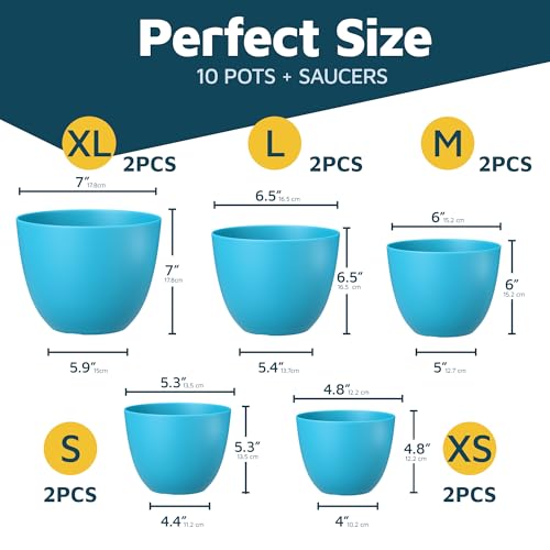 Blue Plant Pots with Drainage Holes & Saucers 10 Pack, Indoor & Outdoor Stackable Space-Saving Planters for Houseplants & Flowers, (7", 6.7", 6", 5.3", and 4.8" Inches), Durable & Weatherproof - color: Blue, size: Pack of 10