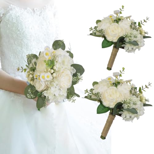 9in Artificial Bridal Bouquet - White Roses Fake Flowers with Eucalyptus/Daisy ，Wedding Photography Props, Bridesmaid Bouquet，Realistic Silk Material (Set of 2 Bridesmaid Bouquets)