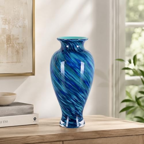 11.8" Tall Blue Hand Blown Glass Vase, Wide Mouth Art Glass Vase for Coastal Home Decor Centerpiece, Decorative Flower Vase for Living Room, Dining Table, Shelf Mantel, Entryway (Ocean Blue) - color: Ocean Blue