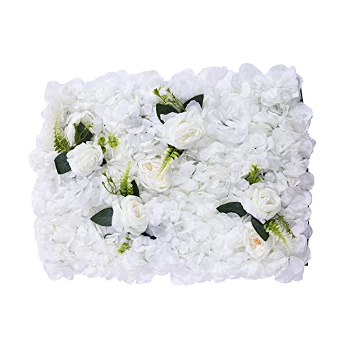 OUKANING 6 PCS Artificial Flower Wall Panels 3D Flower Wall Panel Flower Wall Backdrop 16" x 24" Faux Flower Wall Mat Silk Hydrangea Rose Floral Panel for Backdrop Party Wedding Wall Decorations - color: White+leaf