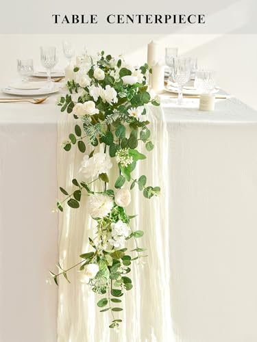 MISSPIN 5.9Ft Eucalyptus Garland with Flowers, Artificial Fake Flower Greenery Spring Garland for Baby Shower Wedding Mantle Table Centerpiece Spring Decor - color: White