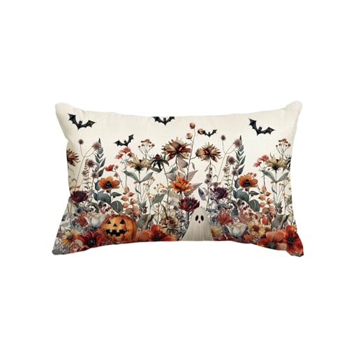 AVOIN colorlife Halloween Horror Wildflowers Throw Pillow Cover, 12 x 20 Inch Pumpkin Ghost Bat Cushion Case Decoration for Sofa Couch - size: 20" x 12" (Pack of 1)