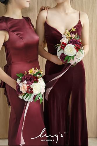 Ling's moment Artificial Flowers Marsala Red & Pink Bridesmaid Bouquet Set of 4, Wedding Flowers Bouquets for Bridesmaids, 7 Inch Bridal Bouquets for Bridesmaids, Wedding Decor, Ceremony, etc - color: Red-marsala & Blush