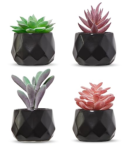 Nordik Set of 4 Desk Plants - Geometric Round Black Pots - Perfect for Bathroom, Bedroom Decor Aesthetic - Ceramic Fake Plant for Office or Living Room Decor - Ideal for Women - color: Matte Black
