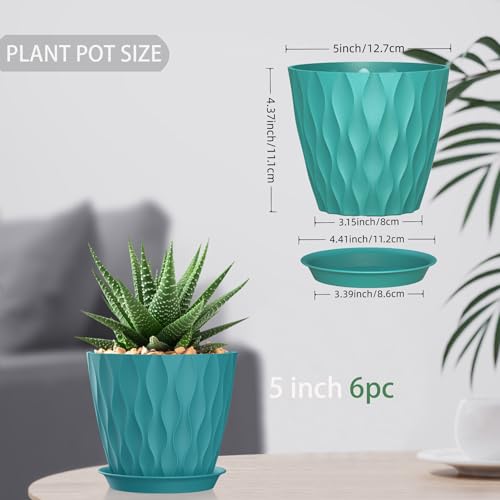 5 Inch Planter Pots, 6 Pack Indoor Planters, Small Flower Pots with Drainage Holes and Tray for Succulents, Orchids, Herbs and Other Indoor Plants (Blue-Green, 5inch) - color: Blue-green, size: 5inch