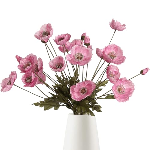 IPOPU Pink Artificial Poppy Silk Flowers 6pcs for Decoration - Faux Flowers With Stems for Wedding Centerpieces, Tables, Bridal Shower Party Decorations - color: Pink