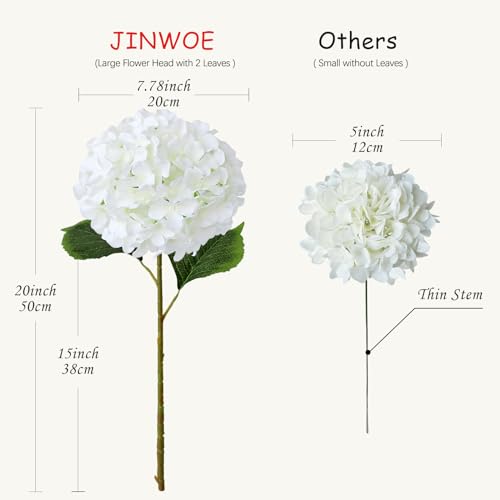 JINWOE White Silk Flowers Hydrangea Artificial Flowers, 5Pcs 20Inch Large Lifelike Faux Flowers, Full Fake Artificial Hydrangeas with Stems for Bouquet Table Centerpieces Home Decoration - color: White