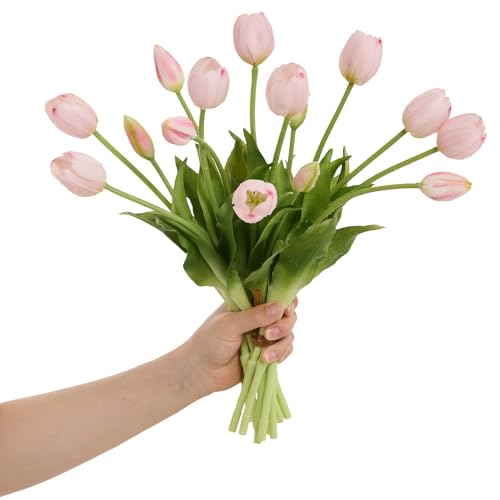 15 Pcs Light Pink Tulips Artificial Flowers Faux Tulips Real Touch Latex Fake Flower Bouquet for Spring Wedding Home Décor Centerpiece Arrangements - color: Light Pink