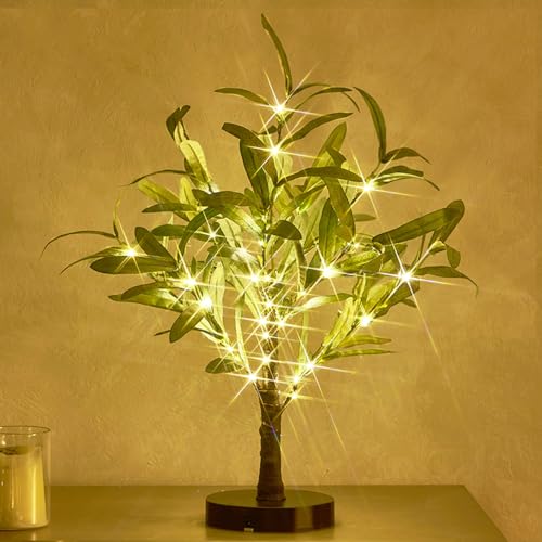 Hairui Lighted Small Olive Tree Battery Operated or USB 18in 50 Warm White LED with Timer, Light Up Table Top Artificial Greenery Tree with Fairy Lights for Wedding Holiday Home Christmas Decoration - color: 50l-green