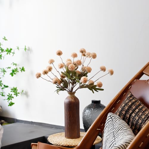 6 Pcs Beige Faux Silk Pompon Mum Artificial Flowers, Silk Small Mini Chrysanthemum Ball with Long Stems, for Wedding Champagne Arrangements Bouquets Centerpieces Home DIY Decorations, No Vase - color: Beige