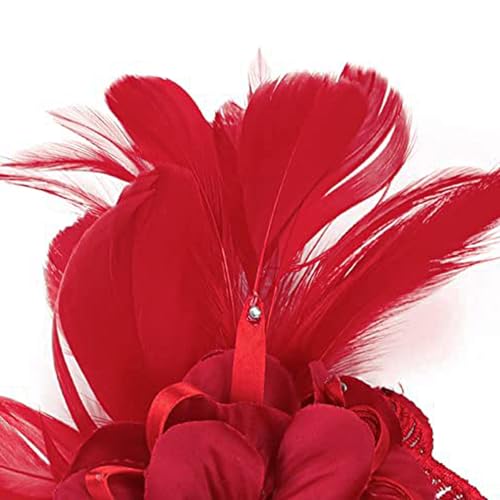 Song Qing Women's Fascinator Feather Flower Pin Brooch Corsage Bridal Hairband Derby Hat Cocktail Party Wedding - color: A3 Red