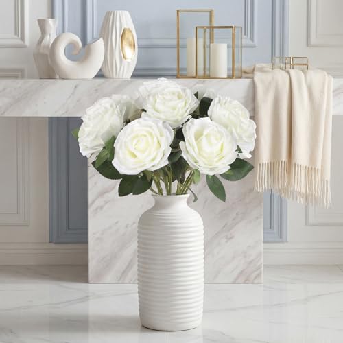 8Pcs White Large Velvet Artificial Roses, Realistic Rose Flowers with Long Stems, 25.6 “ Faux Roses for DIY White Wedding, Party Table Centerpiece, Home Bridal Garden Outdoor Decorations - color: White