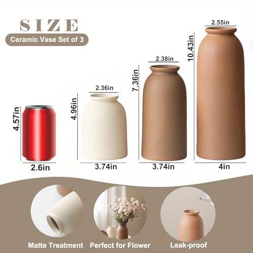 Large Decorative Ceramic Vase Set, 3 Pieces, Nordic Modern Boho Style, Earthtone Color Mix, Modern Farmhouse for Home Decor (XL Coffee Mix) - color: XL Coffee Mix