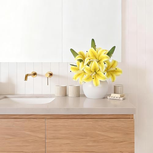 GarveeTech Artificial Tiger Lily Flowers 3 Pcs, Real Touch Yellow Lily Faux Flowers,6 Blooms & 3 Buds,Ceramic Vase Included,Home Table Wedding Baby Shower Birthday Party Centerpiece Decoration - color: Yellow, size: Lily(3 Pcs)