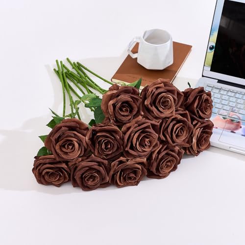 100 Pcs Artificial Roses Bulk Silk Chocolate Roses Tan Roses for Wedding Centerpieces Bridal Bouquet Mohter's Day Valentine's Day Home Decor - color: Chocolate