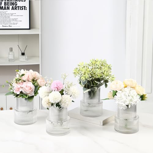 Ribbed Glass Vases, Set of 4 Small Vases for Flowers, Clear Glass Vase for Tulips, Modern Vase for Living Room, Kitchen, Office, Entryway, Bookshelf, Wedding Gifts, Birthday, 6 Inches - color: Clear, size: Ribbed 6 Inches (4-Pack)