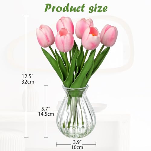 Artificial Tulips Flowers in Glass Vase - 6 Pcs Faux Flowers in Vase with Faux Water 12.5" Fake Tulips Bouquet Floral Arrangement Centerpiece for Dining Table Home Wedding Office Decor, Peach Pink - color: Peach Pink