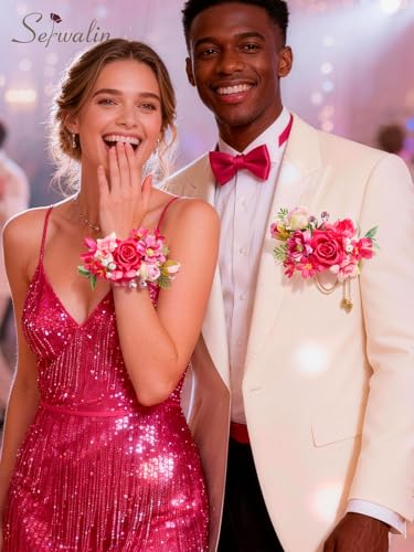 Serwalin 2Pcs Corsage and Boutonniere Set,Hot Pink Rose Corsage Wristlet and Pocket Boutonniere for Prom Wedding Homecoming Anniversary Graduation - color: Hot Pink