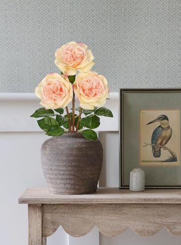 Artificial Roses - Set of 3 Long-Stem Real Touch Silk Roses, 24.4" Faux Flowers for Home Decor, Wedding Bouquets, Centerpieces & Floral Arrangements – Lifelike Peach Fake Roses - color: Peach
