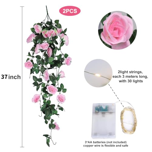 RECUTMS Hanging Flowers Artificial Rose Flower 2PCS 3.3Ft for Outdoors with 30 LED Fairy String Lights Fake Outdoor (Pink) - color: Pink, size: 2 pcs light