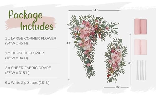 Wedding Arch Flowers with Drapes Kit (Pack of 4) - 2pcs Artificial Dusty Rose Deluxe Swag with 2pcs Sheer Drapes for Wedding Ceremony Arbor Reception Backdrop Rose Floral Decoration - color: Dusty Rose