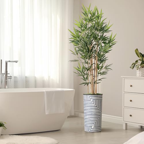 Artificial Tree in Modern Geometric Pattern Planter, Fake Bamboo Silk TRE for Indoor and Outdoor Home Decoration - 70" Overall Tall (Plant Pot Plus Tree) - style: Bamboo