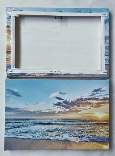 Aibonnly Wall Art Canvas Painting Seaside Sunset over the beaches 1 Piece blue sea view Ocean Picture Poster Print Framed and Stretched Ready to Hang for Living Room Bedroom Kitchen Office - color: Blue, size: 40"L x 20"W