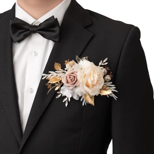 TINGE TIME Luxury Groom Boutonniere for Wedding, 1 PCS Pocket Boutonniere for Men, Artificial Corsage for Wedding, Prom, Homecoming, Anniversary, Graduation, Christmas Dinner (Champagne&Pink) - color: Champagne&pink