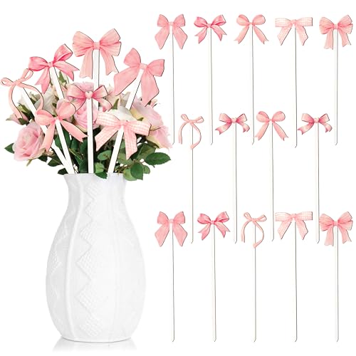 TICIAGA Pink Bow Wooden Picks - 14PCS Pink Bow Tie Double-Sided Wooden Decorative Pick for Home Cute Vase Filler Wooden Bow Tie Decorative Pick for Farmhouse Decor Bow Tie Theme Decorations for Home - color: Pink Bow
