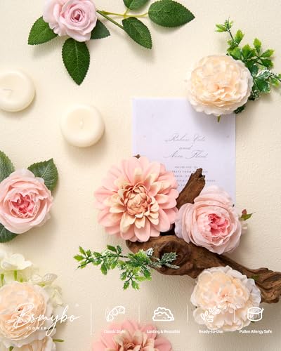 BSMYBO Artificial Pink Flowers Fake Roses Peony Dahlia Combo Box Set Gradient Blush Pink Flowers Leaf with Stems for DIY Wedding Bouquets Table Centerpieces Baby Shower Bridal Party Home Decorations - color: Baby Pink, size: PureBlooms