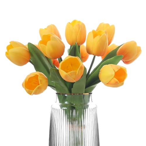Orange Artificial Tulips, 2 Bundles 14Pcs, Fake Tulips Artificial Flowers, 2 x 2.4 Inch Large Flower Head Big Tulip, Easter Valentine's Day Mother's Day Home Decoration Flowers - color: Orange