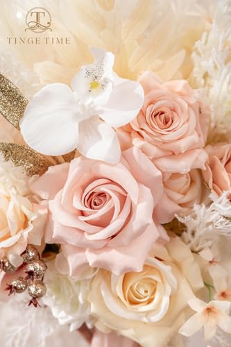TINGE TIME 13 Inch Artificial Flower Wedding Bouquets for Bride, Cascading Bridal Bouquet for Wedding Bouquet for Wedding Ceremony and Anniversary(Champagne&Pink) - color: Champagne&pink