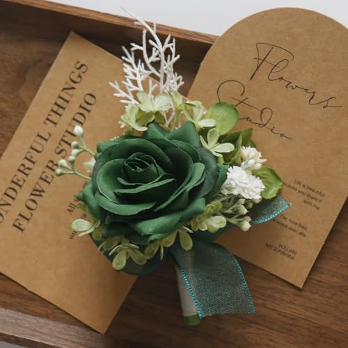 MAFELOE 2 Pieces Men Boutonniere Corsage Set, Artificial Rose Flowers Accessories for Wedding Prom Party Ceremony Anniversary Suit Decor- Dark Green (X-M11-JM) - color: Dark Green