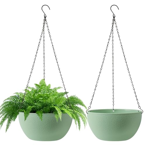 T4U 10 Inch Hanging Planters for Indoor Outdoor Plants, 2 Pack Plastic Hanging Planter, Indoor Hanging Plant Pots, Hanging Basket with Drainage Holes, Flower Pots for Garden Home Decor，Green - color: Green, size: 10 In