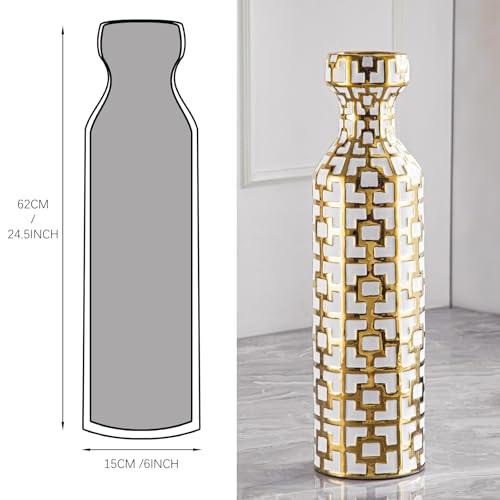 Pair of 24.4" Tall Ceramic Cylinder Vases with Geometric Gold Accents, Large Flower Vase, Decorative Vase - Modern White & Gold Floor Vases for Living Room, Entryway Decor (Set of 2) - color: White With Gold Set of 2