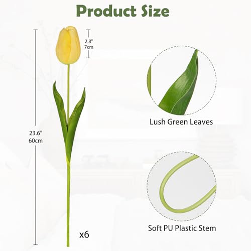 6PCS 23" Fake Tulip Flowers Artificial Yellow Tulips Long Stem Faux Flower, Silk Flower Décor for Floral Arrangement Home Farmhouse Wedding Decoration - color: Yellow