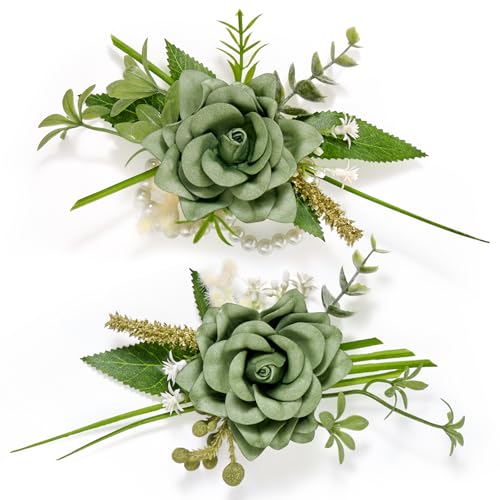 Serwalin 2 Pcs Wrist Corsage and Boutonniere Set, 6-7 Inch Green Corsage for Wedding, Boutonniere for Men Corsage Wristlet Prom Ceremony Anniversary Accessories Suit - color: Green, size: 1 Boutonniere & 1 Wrist Corsage-2pcs