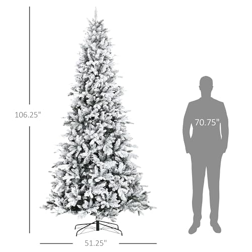 HOMCOM 9 Foot Pine Snow Flocked Artificial Christmas Tree with 616 Realistic Cedar Branches, Auto Open, Home Holiday Decoration, Green