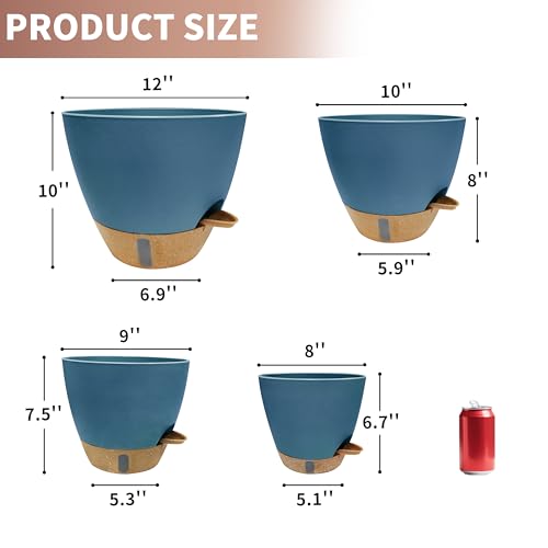 12"/10"/9"/8" Self Watering Pots with Visual Water Window,Extra Large Self Watering Plant Pots with Drainage Holes & Saucers,Blue Planters for Indoor Plants,4-Pack - color: Blue