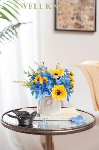 WELL KNOWN Small Fake Flowers in Plastic Vase 7" Centerpieces Coffee Table Decor, Silk Sunflower Arrangement for Home Decor Artificial Flower Bouquet for Dining Room Kitchen Wedding Summer Yellow Blue - color: Sunflowers & Blue