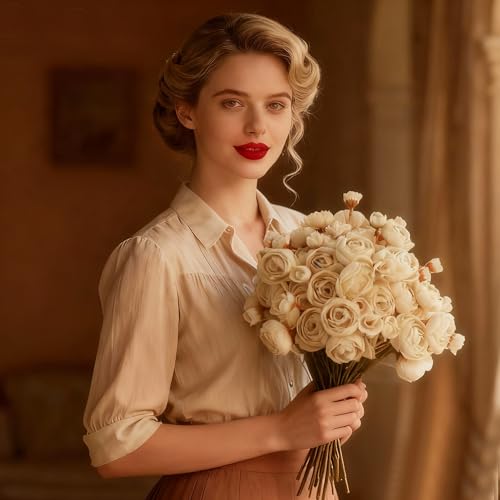 24 Stems Artificial Ranunculus Flowers - 96 Bloom Faux Silk Ranunculus Bouquet for Wedding Decorations, Home Décor, Holiday Arrangements & Large Event Centerpieces (Beige) - color: Beige