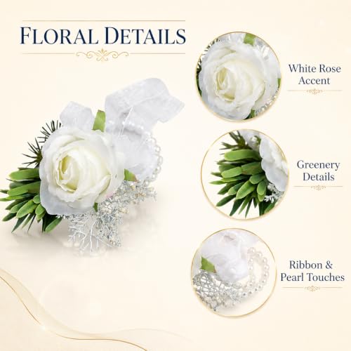 ChezMax Handmade White Wrist Flower Artificial Hand Flower with Ribbon 4 PCS for Bride Groom Wedding Prom Party - color: A-white Wrist Flowers-4 Pcs